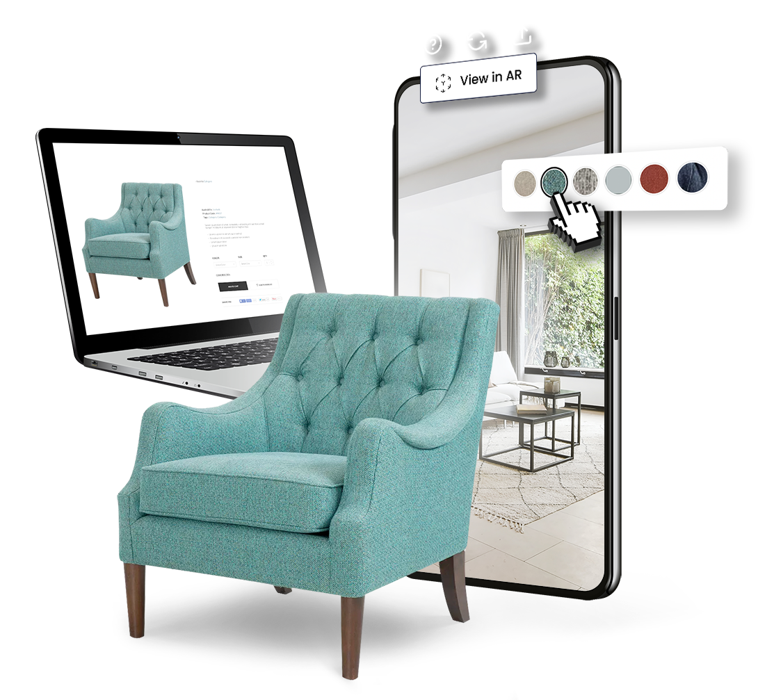 Variant textures—chair model toggling fabrics and wood finishes inside a room planner