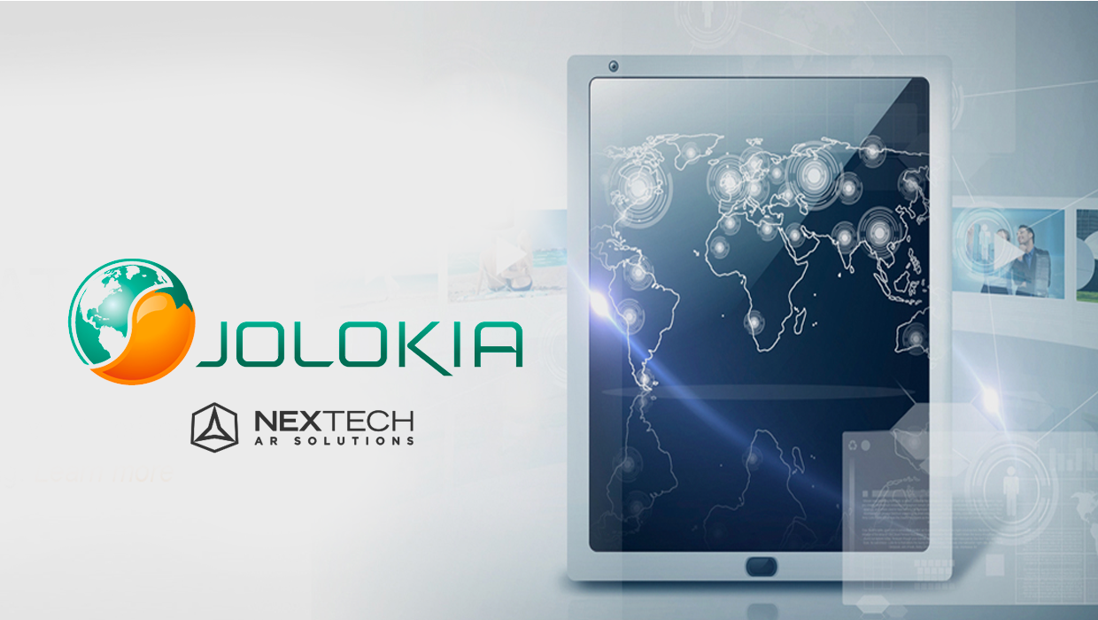 Jolokia logo with Nextech AR Solutions logo and tablet showcasing glowing map of the world