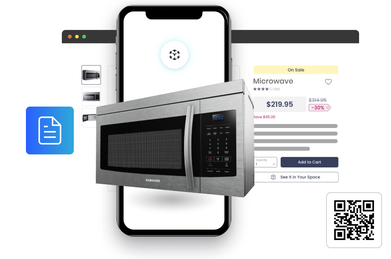 3D appliance with exploded view and spec overlay illustrating ports and dimensions