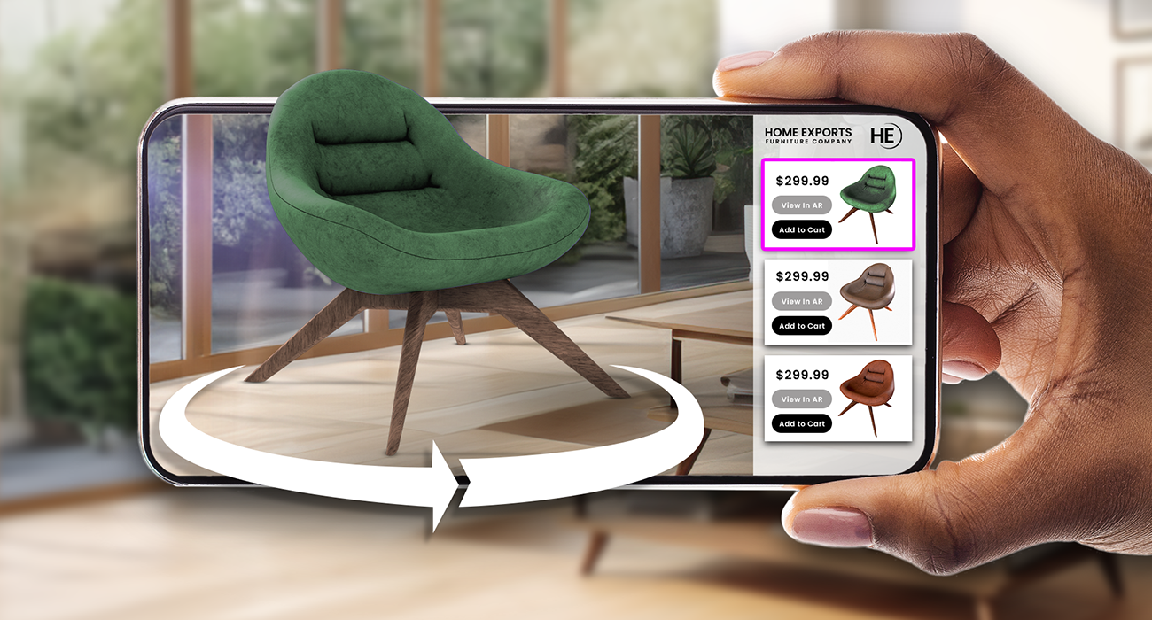 AR furniture models placed in a living room with fabric/finish picker in a design app