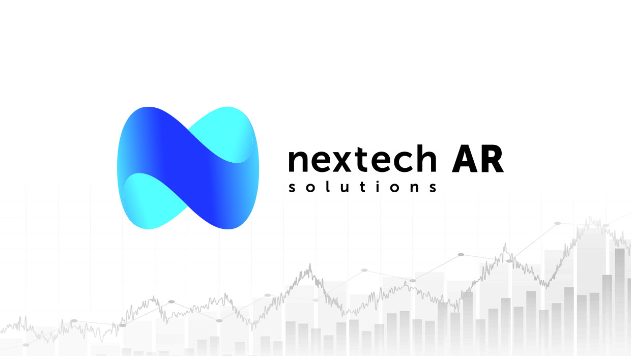 Nextech AR Solutions Logo in color with black text and a illustration of a stock chart with peaks and valleys